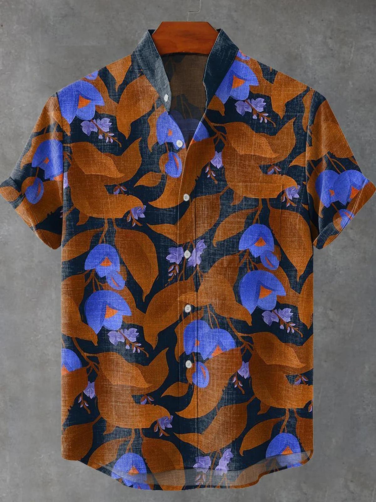 Floral Print Men's Pocket Short Sleeve Stand Collar Shirts
