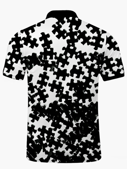 Puzzle Print Men's Short Sleeve Button Polo Shirt