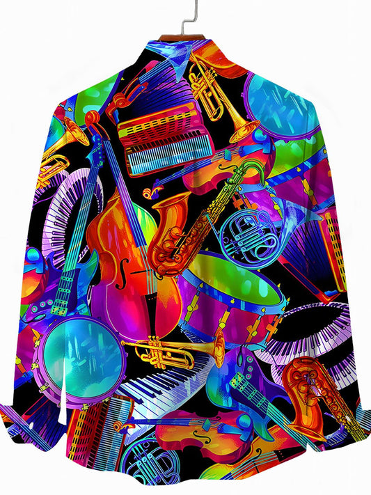 Musical Instrument Print Men's Pocket Long Sleeve Shirts