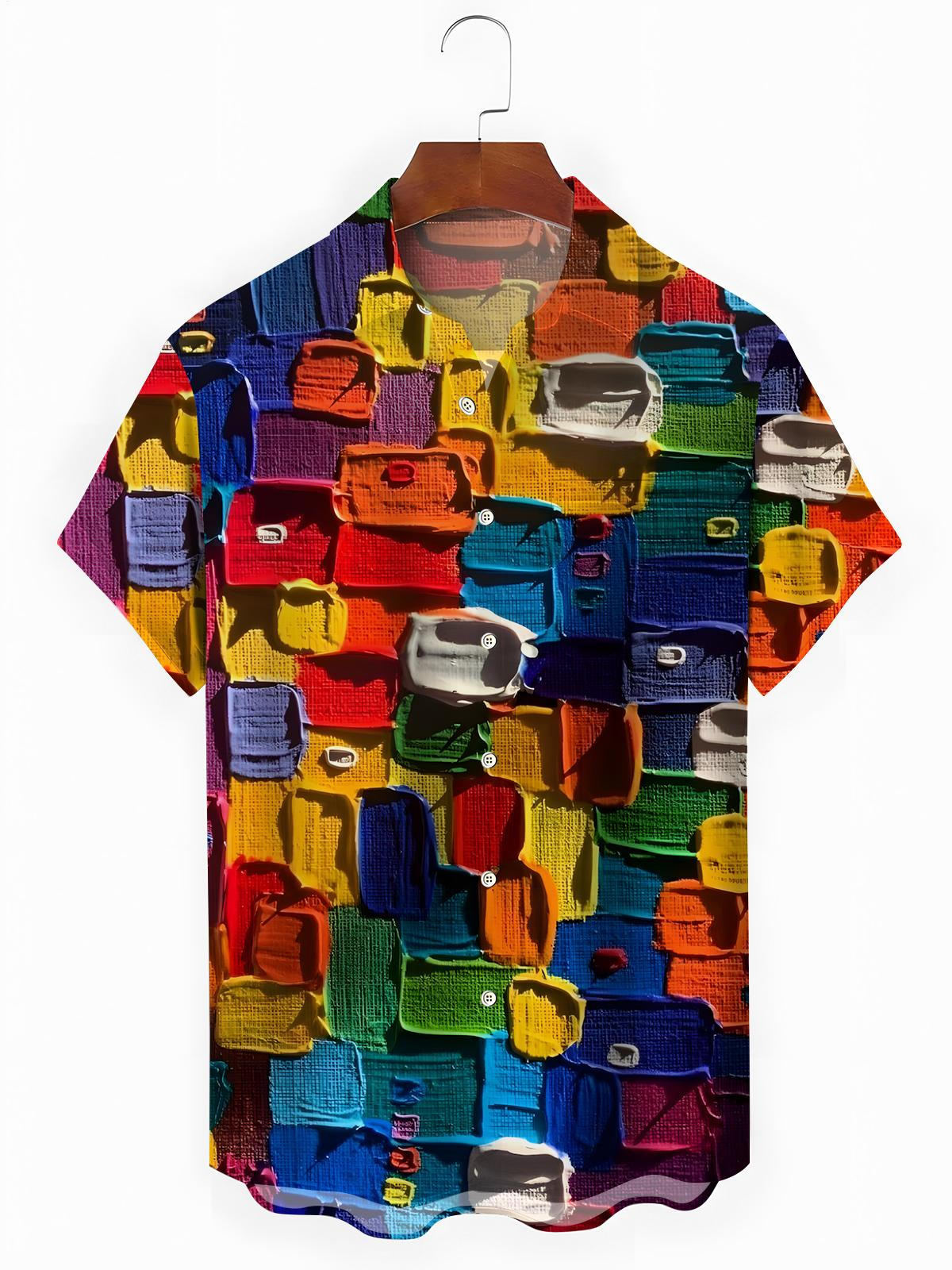 Color Block Print Men's Pocket Short Sleeve Shirts