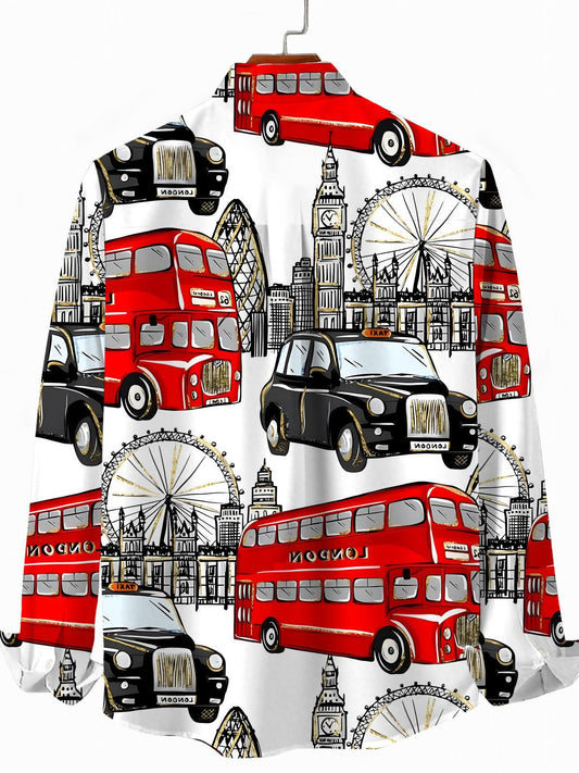 Car Ferris Wheel Big Ben Print Men's Pocket Long Sleeve Shirts