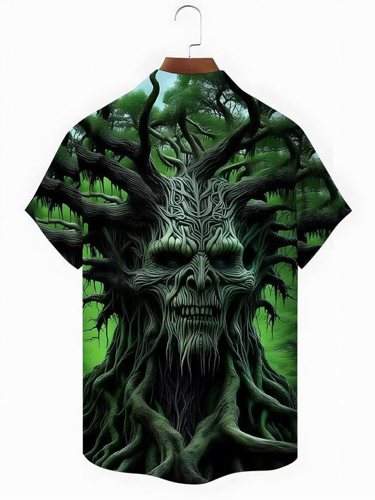 Skull Tree Print Men's Pocket Short Sleeve Shirts