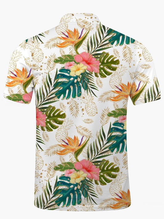 Hawaiian Flower Print Men's Short Sleeve Button Polo Shirt