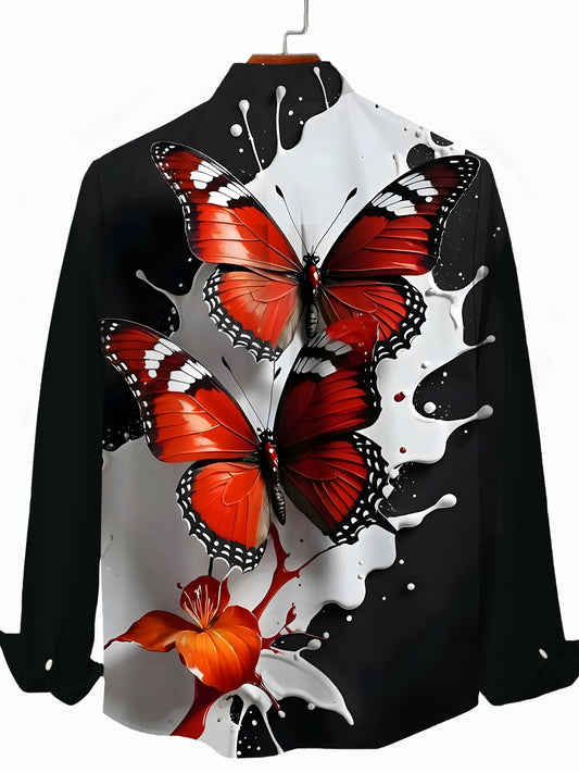 Butterfly Print Men's Pocket Long Sleeve Shirts