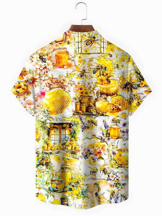 Bee Print Men's Pocket Short Sleeve Shirts