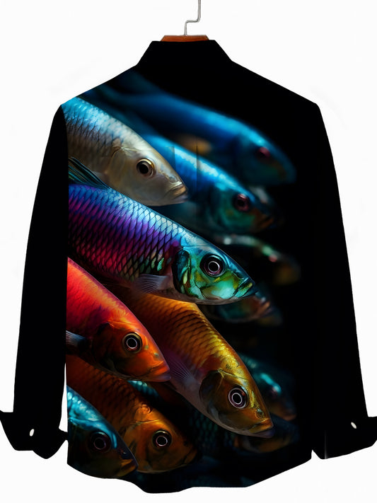 Fish Print Men's Pocket Long Sleeve Shirts