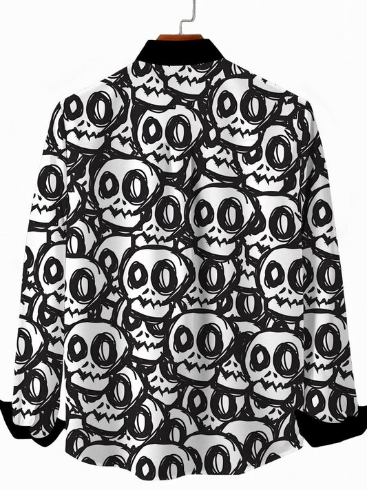 Funny Skull Print Men's Pocket Long Sleeve Shirts
