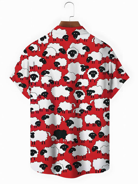 Funny Sheep Print Men's Pocket Short Sleeve Shirts