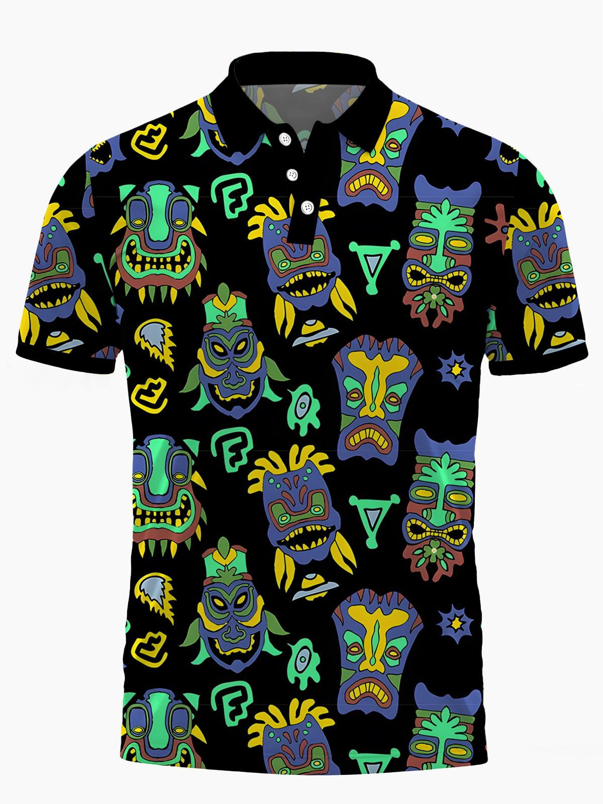 Tiki Print Men's Short Sleeve Button Polo Shirt
