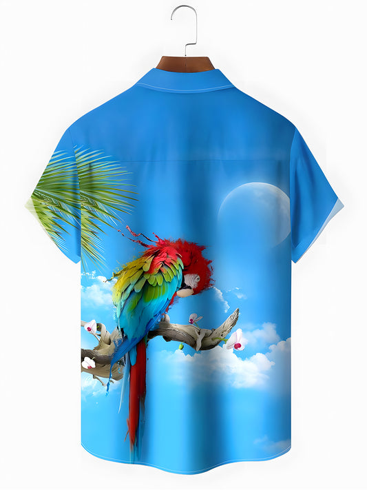 Hawaiian Parrot Coconut Tree Men's Pocket Short Sleeve Shirts