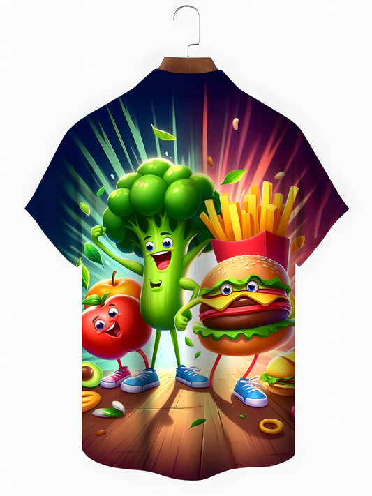 Funny Veggie Burger Print Men's Pocket Short Sleeve Shirts