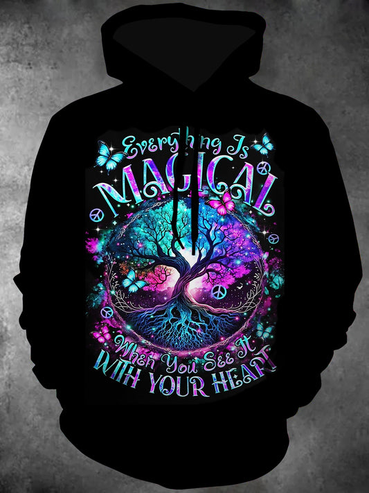 Magic Tree Letters Long Sleeve Hooded Pocket Men's Top