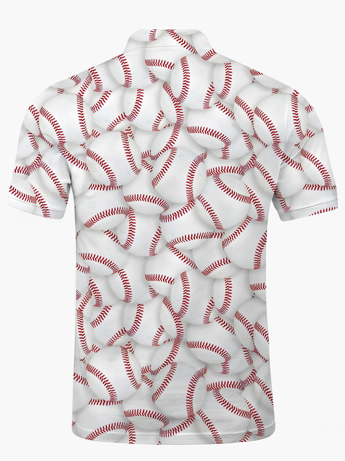 Baseball Print Men's Short Sleeve Button Polo Shirt