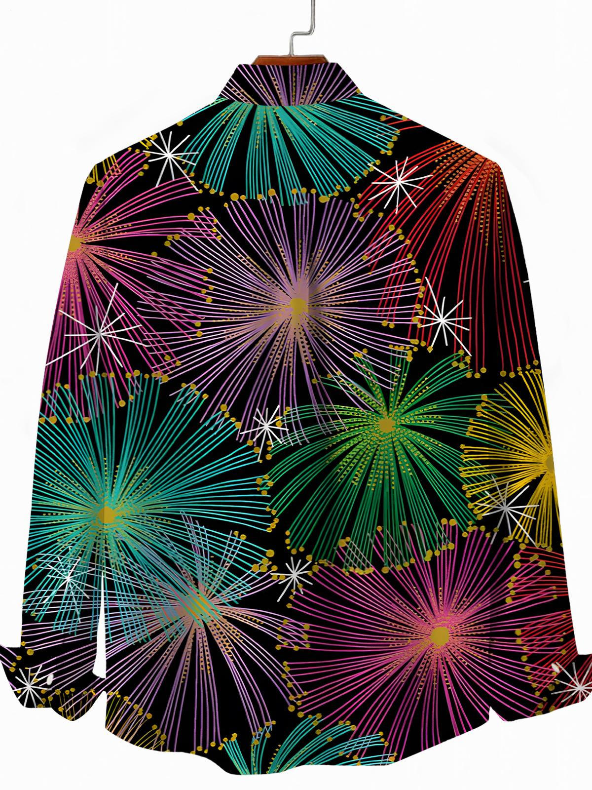 Fireworks Print Men's Pocket Long Sleeve Shirts