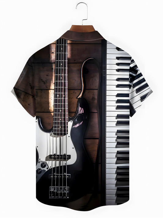 Piano Guitar Men's Pocket Short Sleeve Shirts