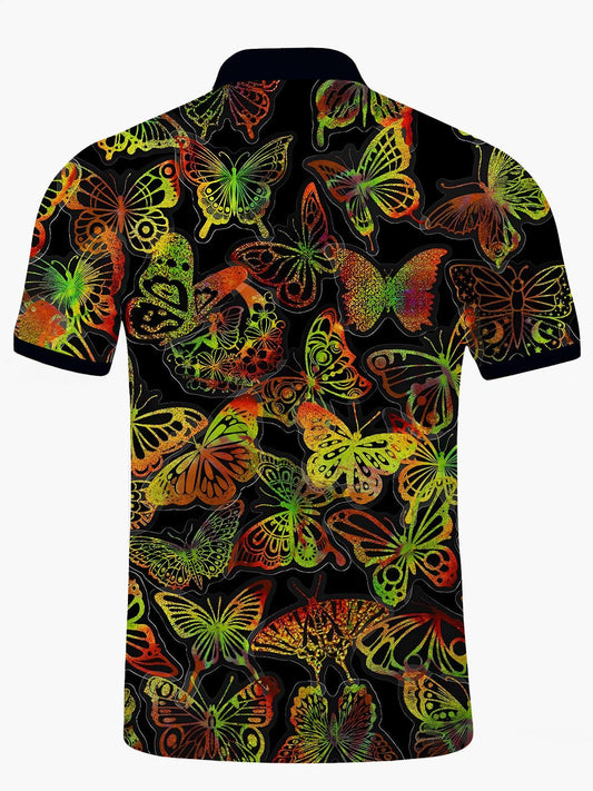 Butterfly Print Men's Short Sleeve Button Polo Shirt