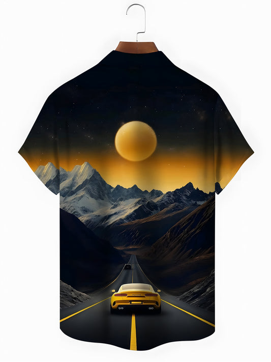 Sunset Mmountain Car Print Men's Pocket Short Sleeve Shirts