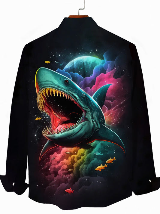 Shark Print Men's Pocket Long Sleeve Shirts