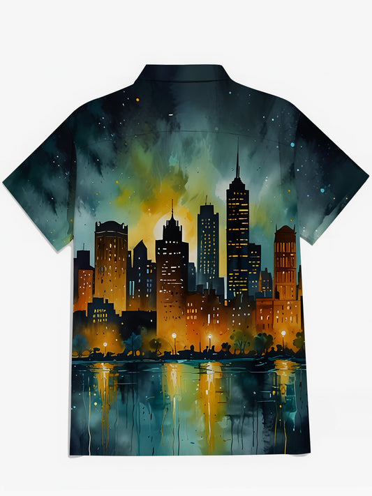 City Night Landscape Print Men's Pocket Short Sleeve Shirts