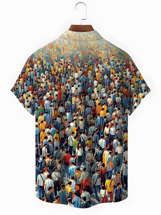 Crowd Art Print Men's Pocket Short Sleeve Shirts