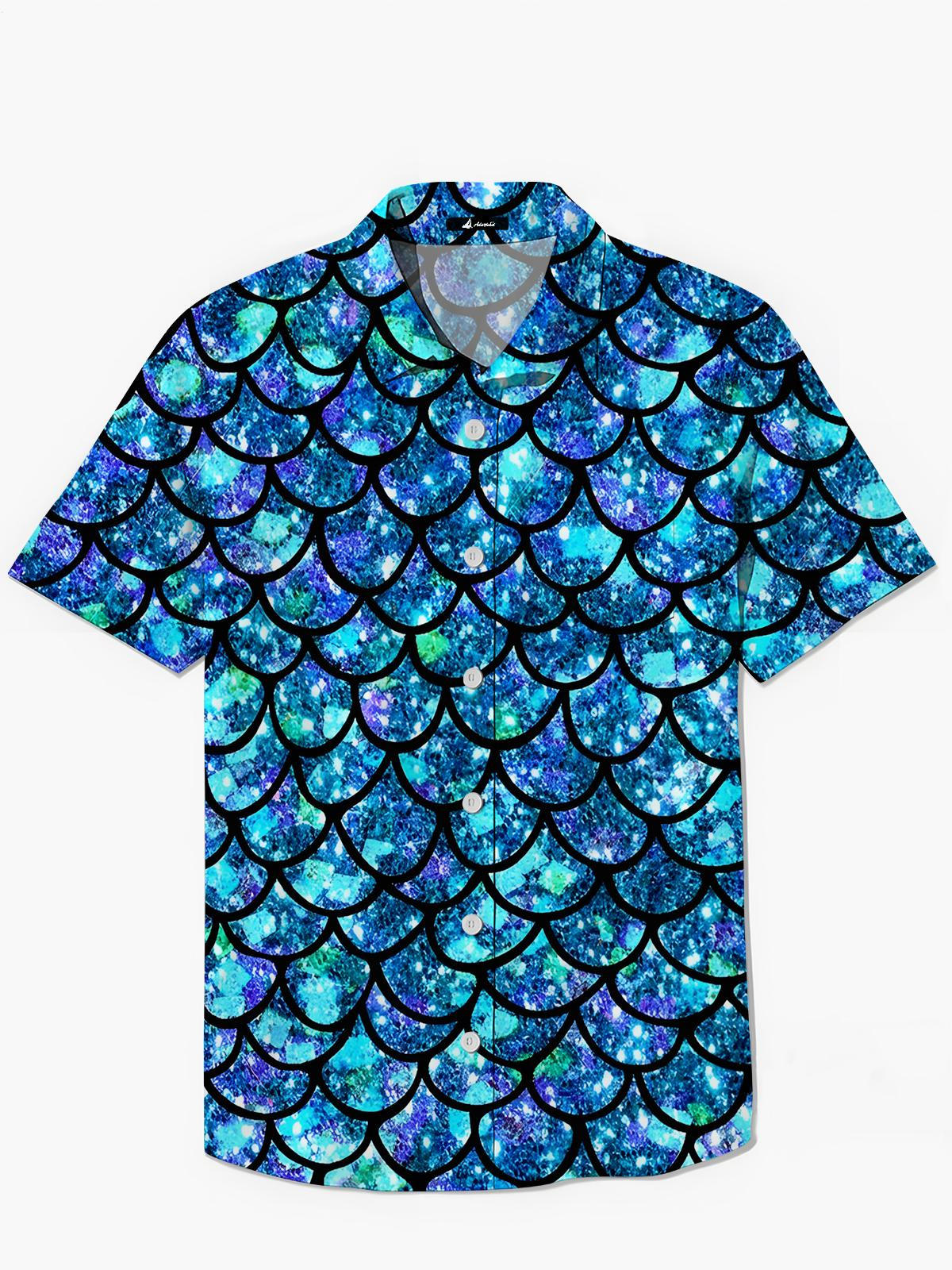 Fish Scale Print Men's Pocket Short Sleeve Shirts