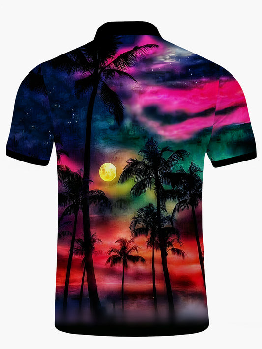 Hawaiian Coconut Tree Print Men's Short Sleeve Button Polo Shirt