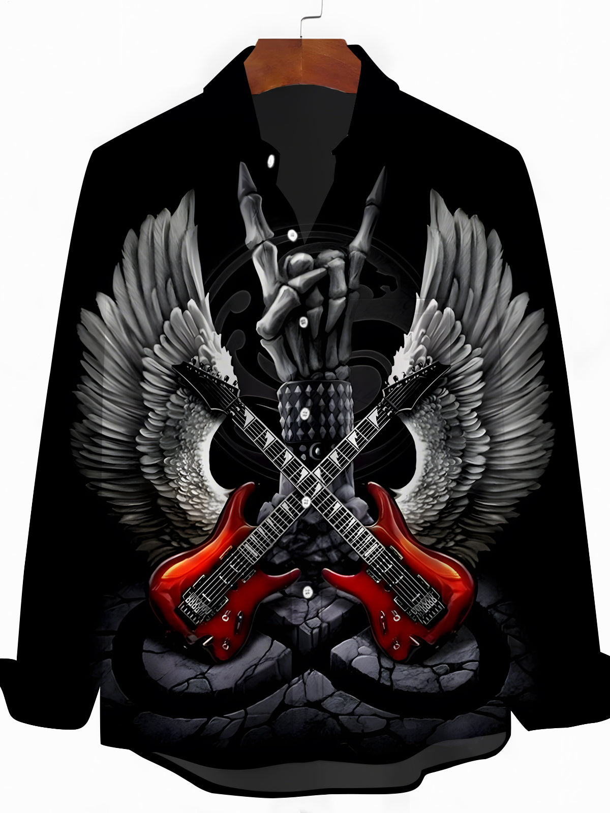 Rock Guitar Wing Print Men's Pocket Long Sleeve Shirts