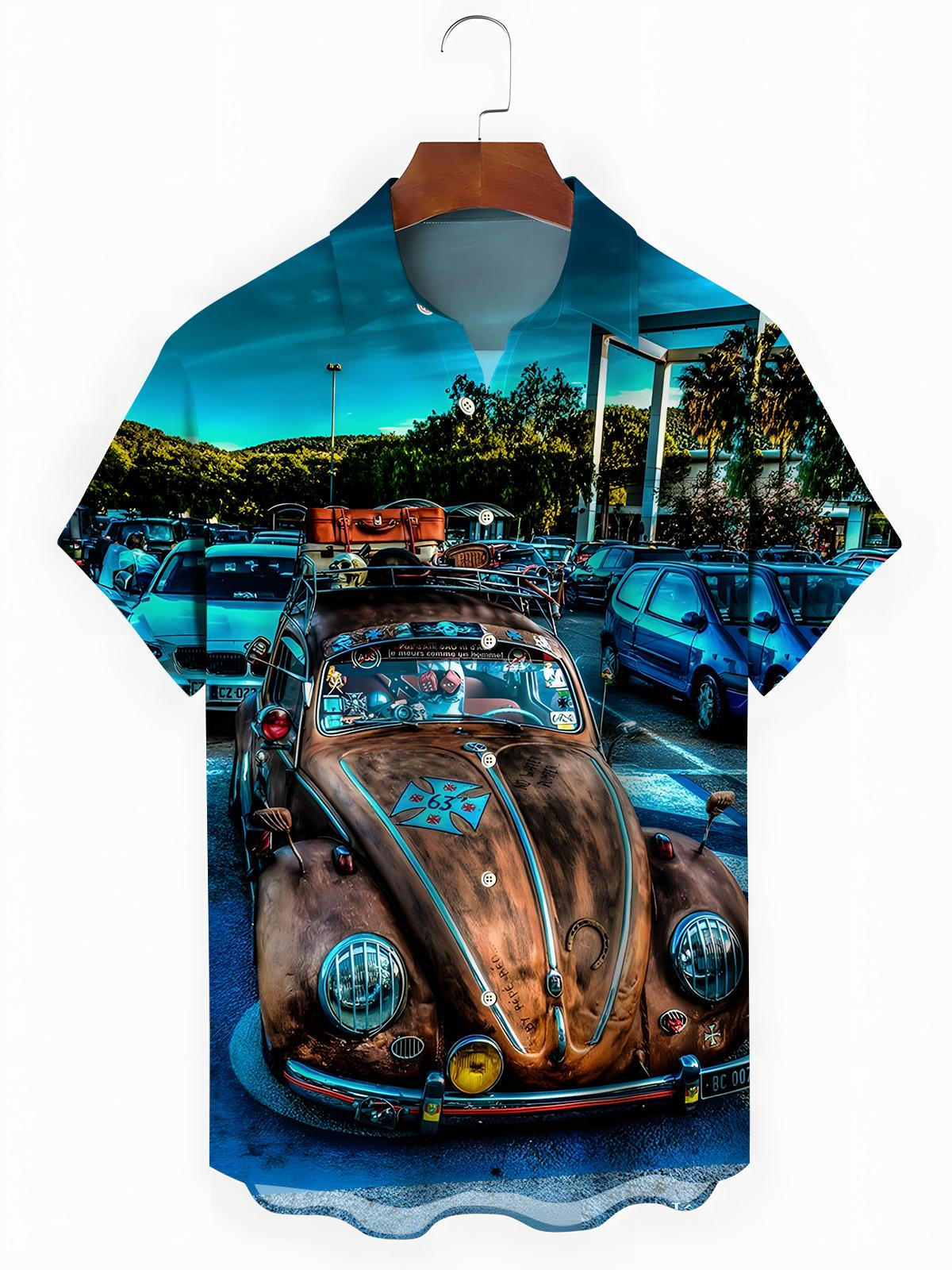 Retro Car Print Men's Pocket Short Sleeve Shirts