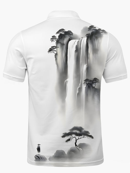 Ink Painting Print Men's Short Sleeve Button Polo Shirt