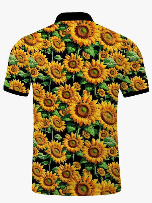 Sunflower Print Men's Short Sleeve Button Polo Shirt