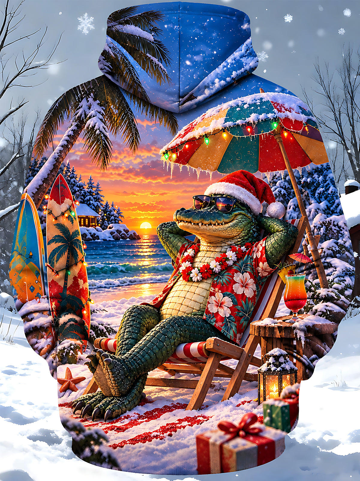 Adaychic Men's Graphic Christmas Crocodile Print Long Sleeve Hoodie