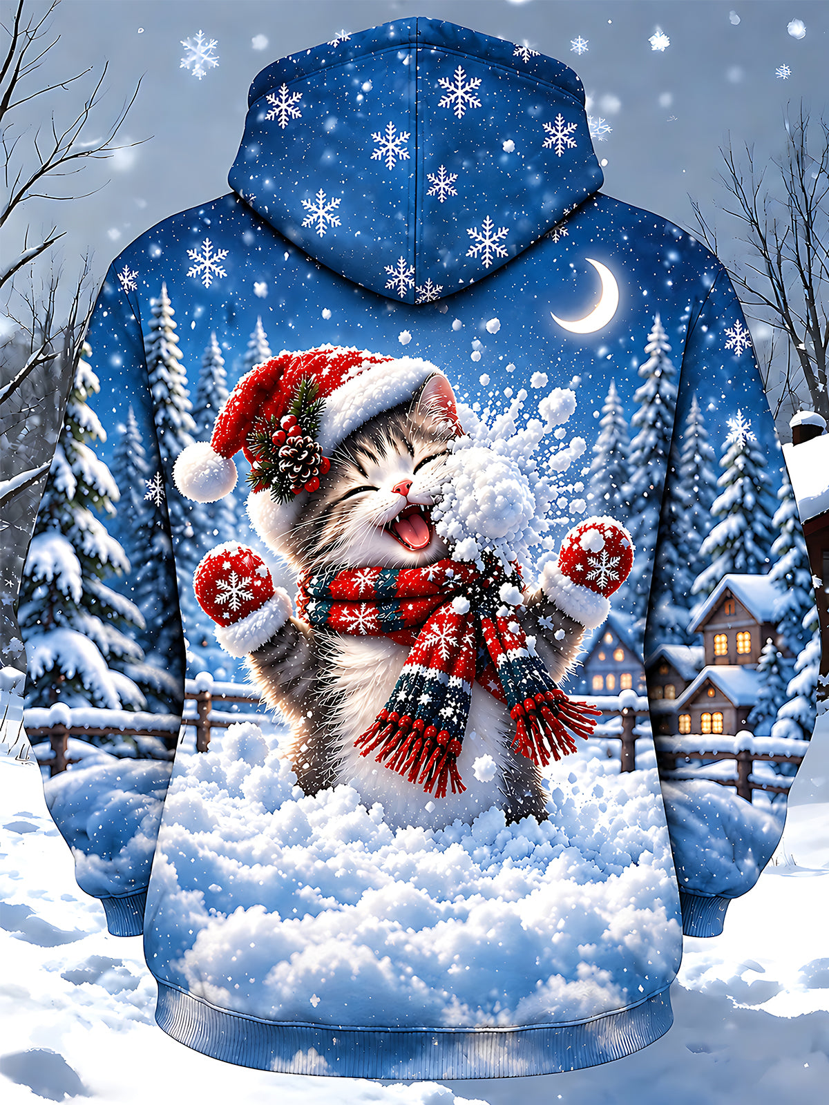 Adaychic Men's Graphic Christmas Cat Print Long Sleeve Hoodie