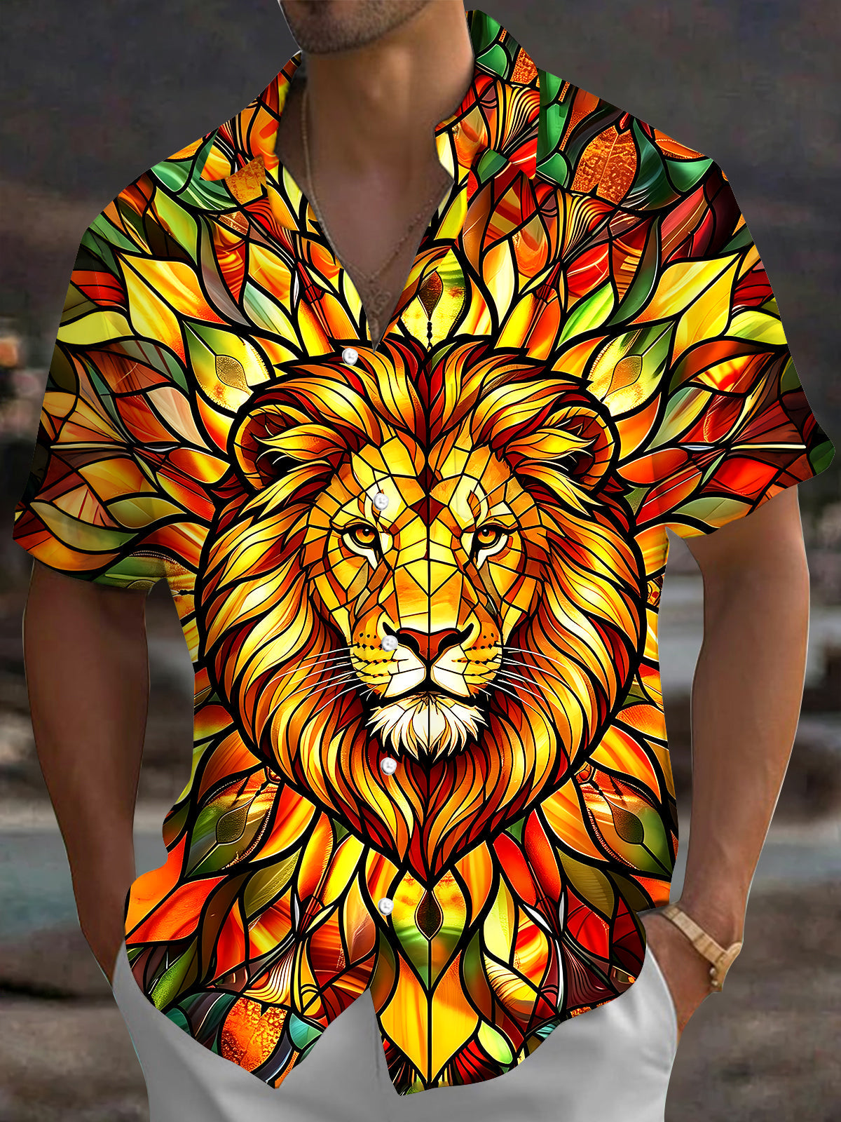 Adaychic Men's Graphic Stained Glass Lion Head Print Short Sleeve Shirt with Chest Pocket