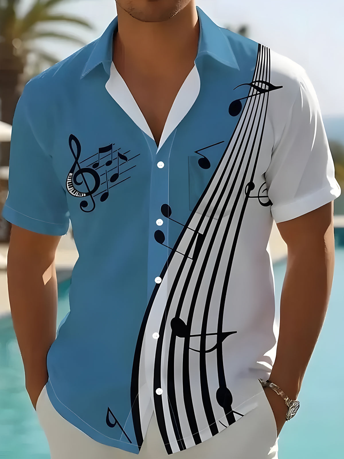 Adaychic Men's Graphic Musical Note Colorblock Short Sleeve Button Down Shirt with Chest Pocket