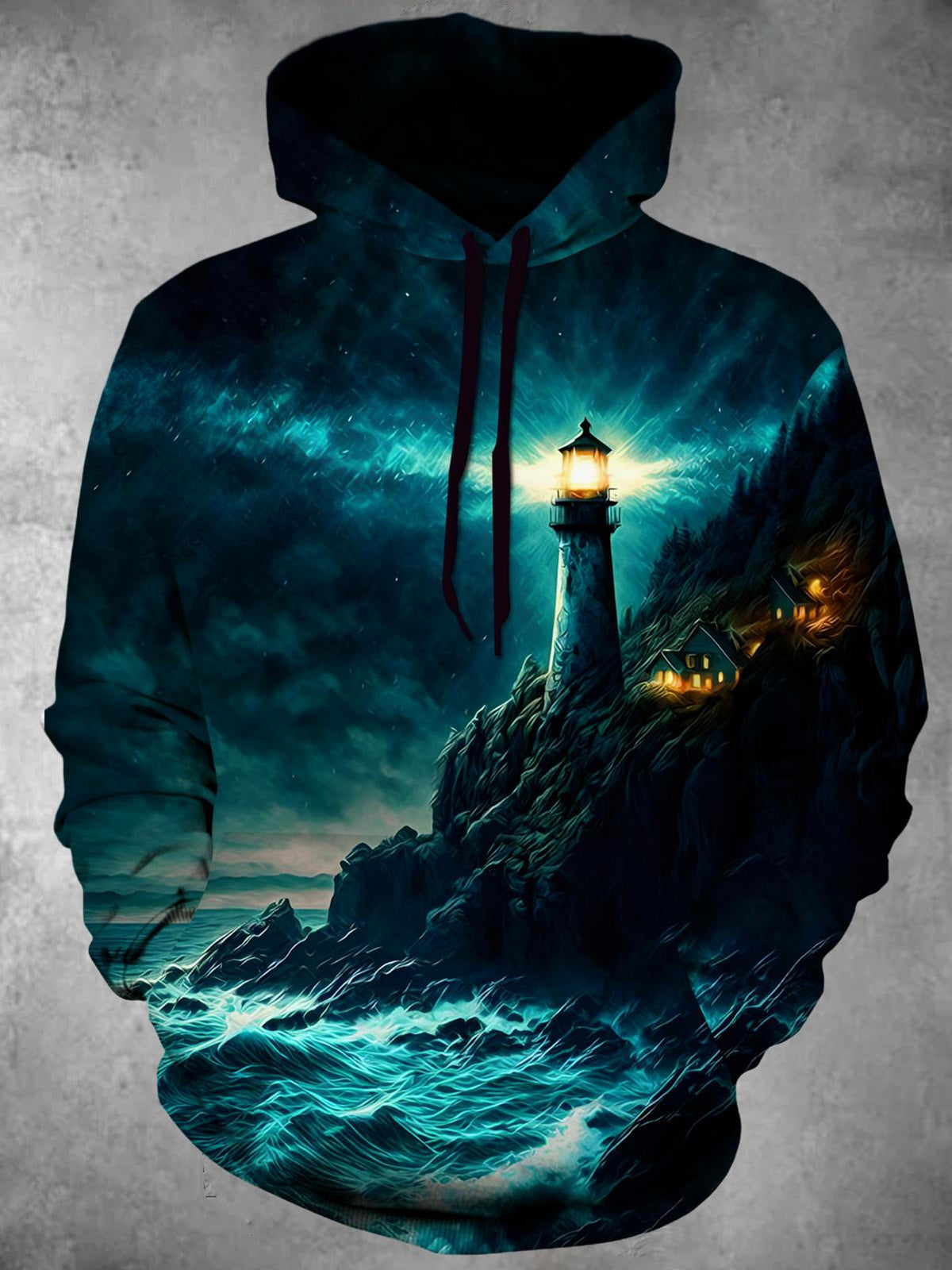 Adaychic Men's Lighthouse Seascape Print Long Sleeve Hoodie