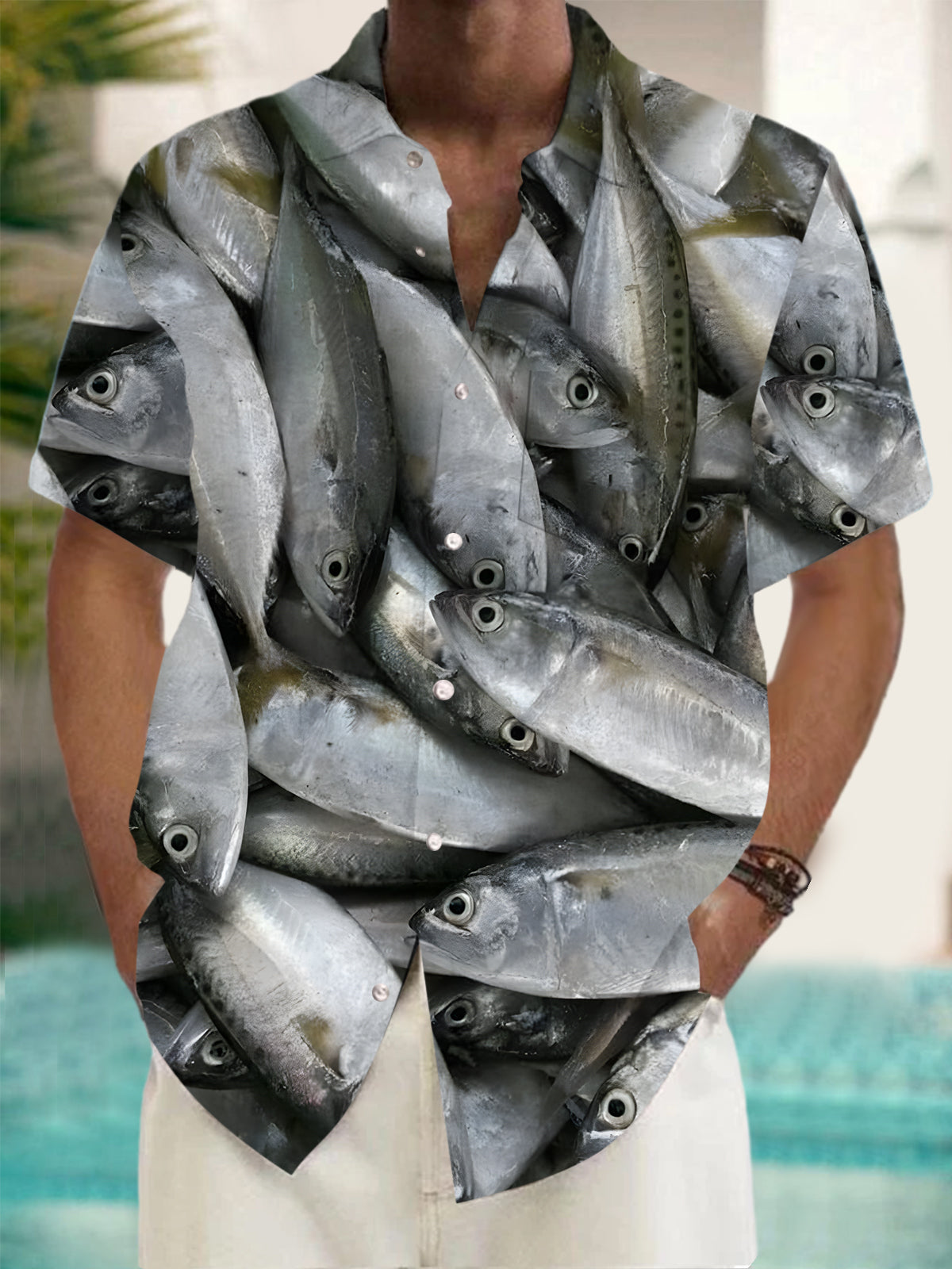 Adaychic Men's Graphic Photorealistic Fish Pile Print Short Sleeve Button Down Shirt with Chest Pocket