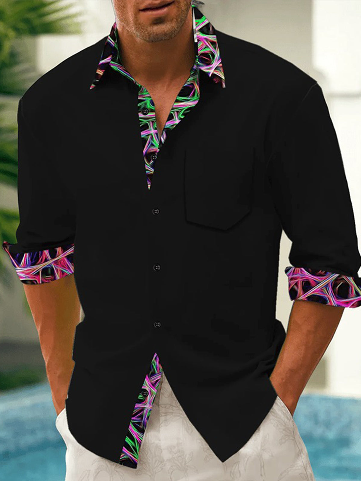 Men's abstract print long sleeve shirt with pocket front view