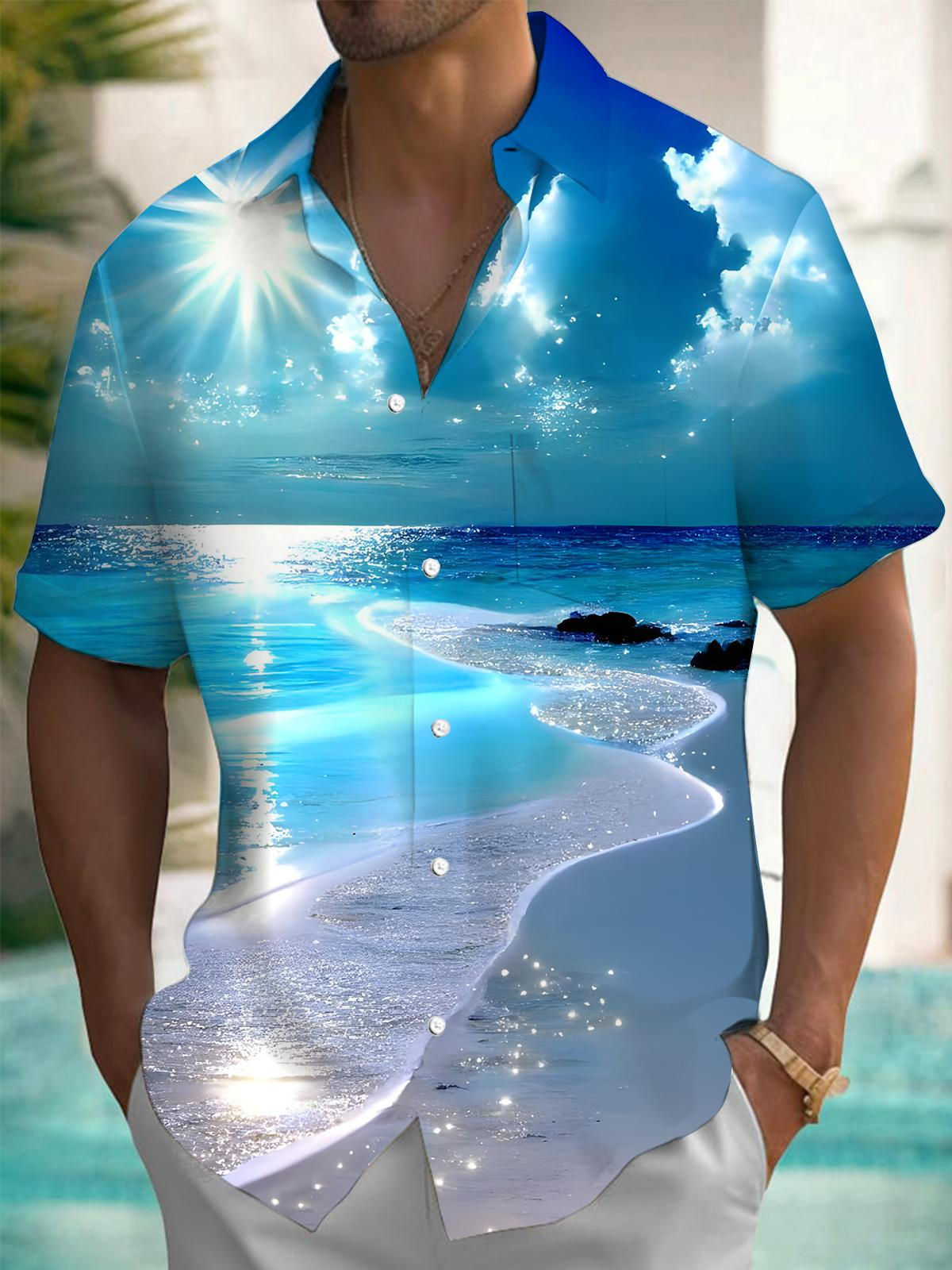 Adaychic Men's Graphic Beach Ocean Sun Print Short Sleeve Button Down Shirt with Chest Pocket
