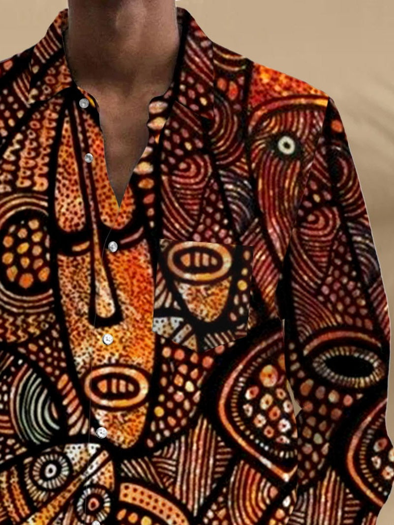 Men's long sleeve abstract face print shirt back view pocket
