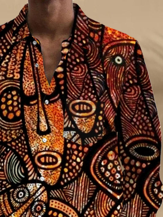 Men's long sleeve abstract face print shirt back view pocket
