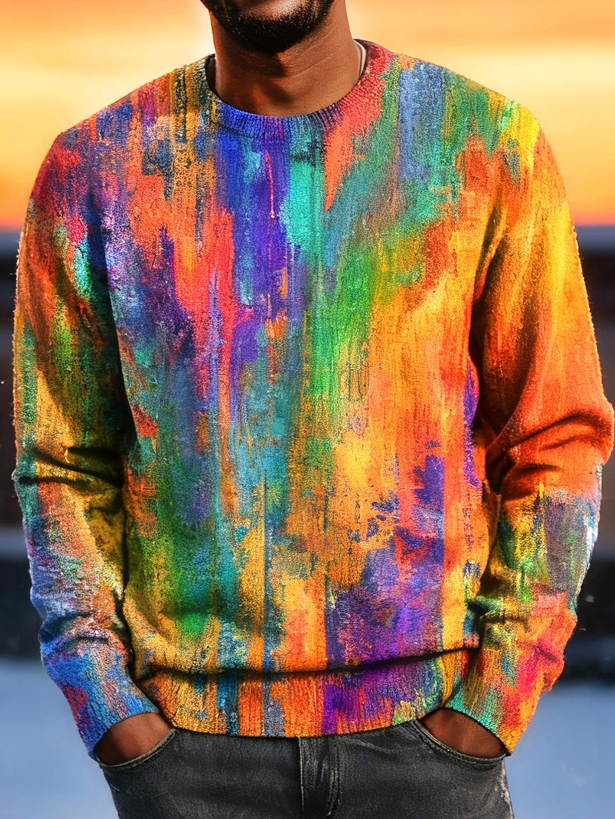 Adaychic Men's Graphic Rainbow Abstract Paint Print Long Sleeve Shirt with Round Neck