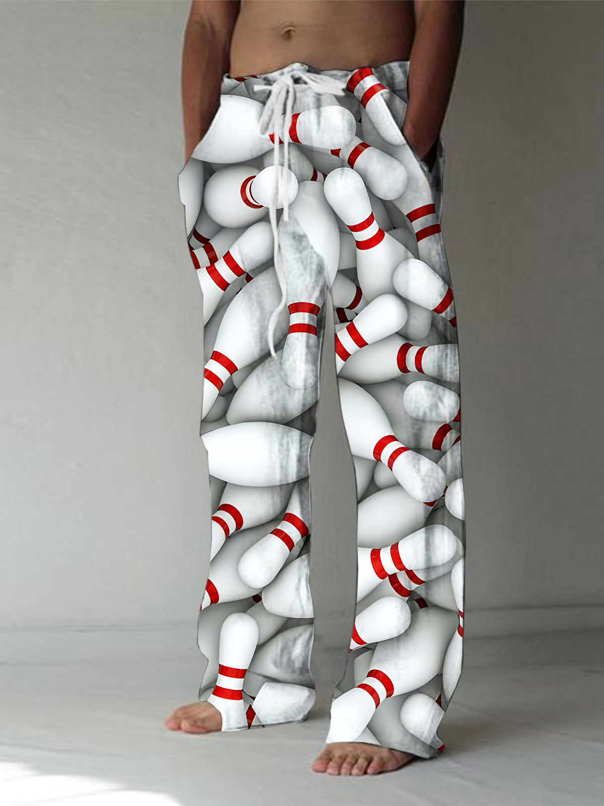 Men's bowling print casual elastic waist pants front view