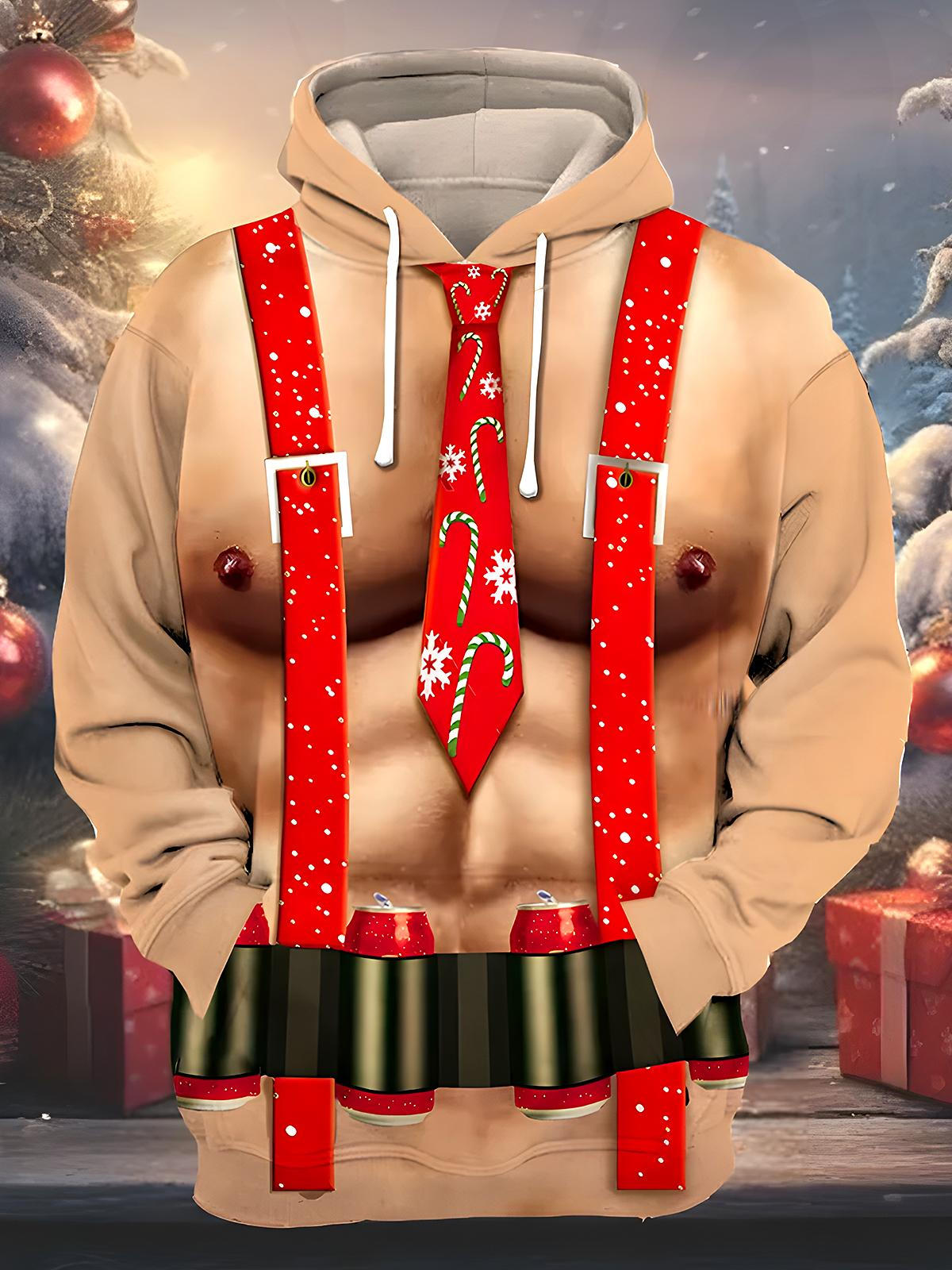 Adaychic Men's Candy Cane Tie Suspenders Print Long Sleeve Hoodie