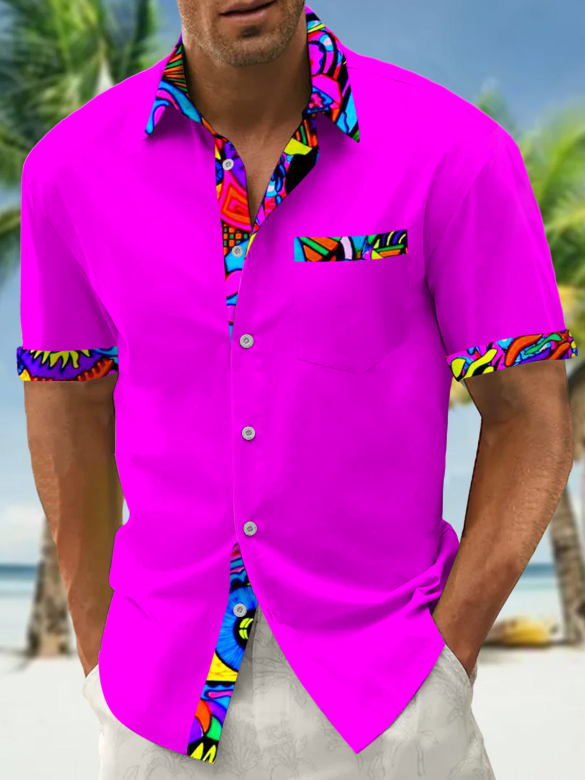 Adaychic Men's Graphic Abstract Geometric Trim Print Short Sleeve Button Down Shirt with Chest Pocket