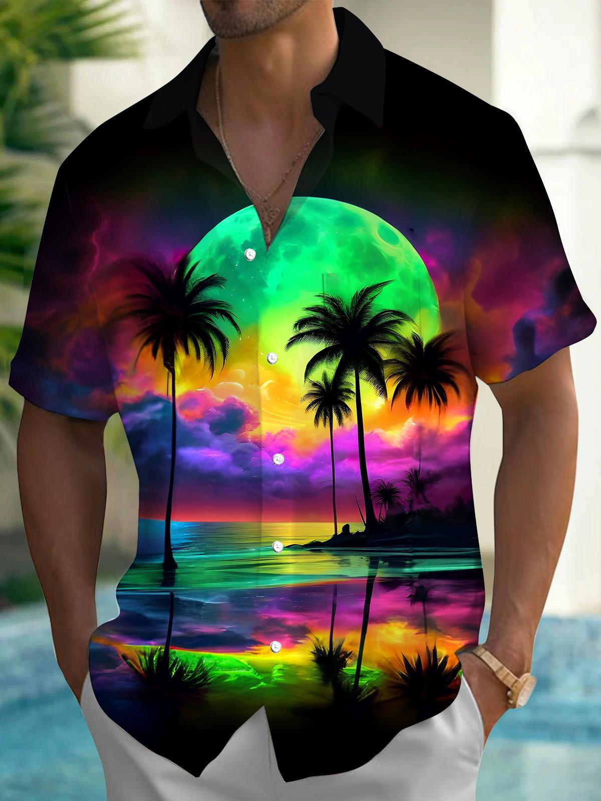 Adaychic Men's Graphic Tropical Moon Sunset Print Short Sleeve Button Down Shirt with Chest Pocket