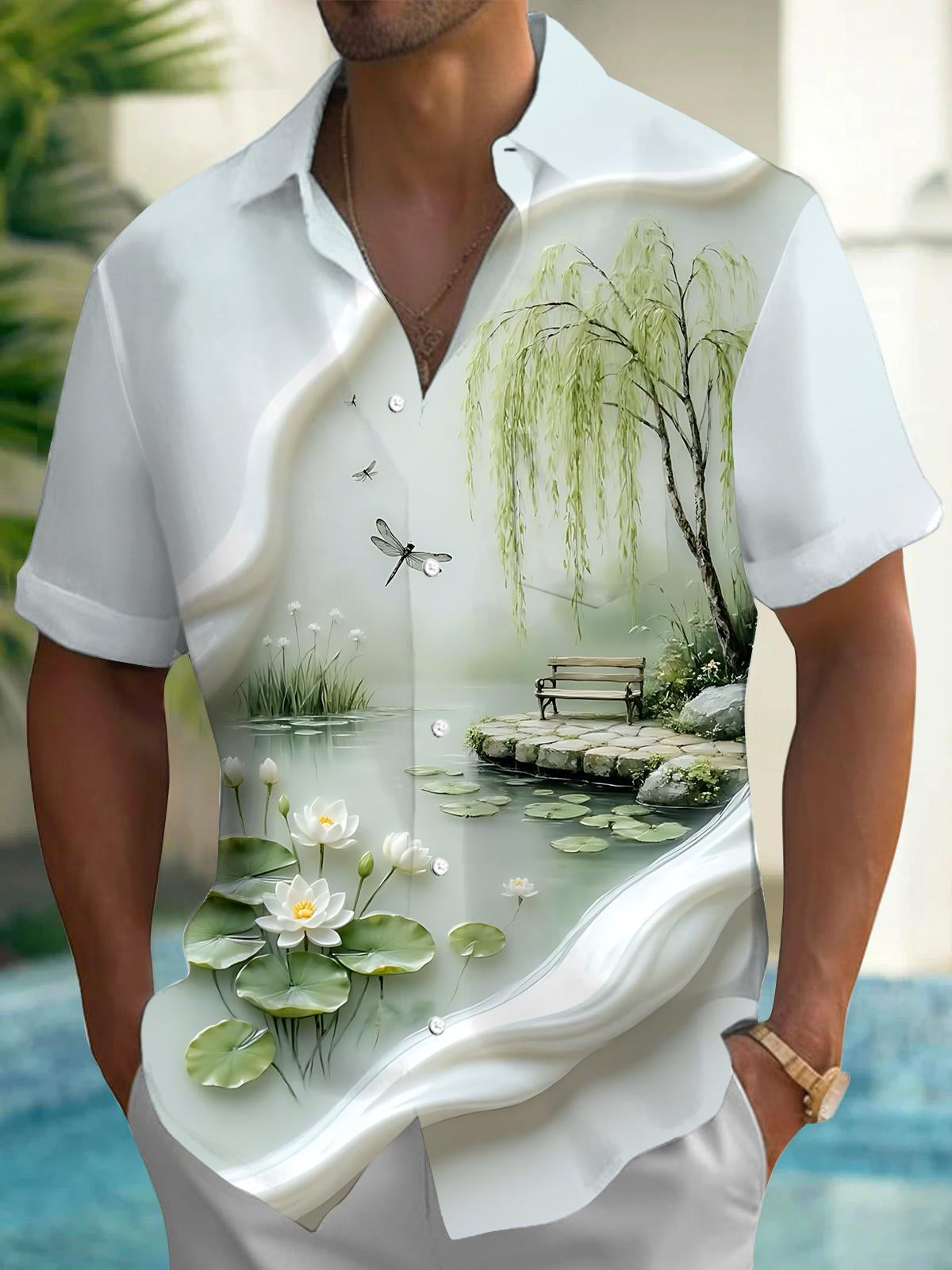 Adaychic Men's Graphic Floral Willow Tree Pond Scene Print Short Sleeve Button Down Shirt with Chest Pocket