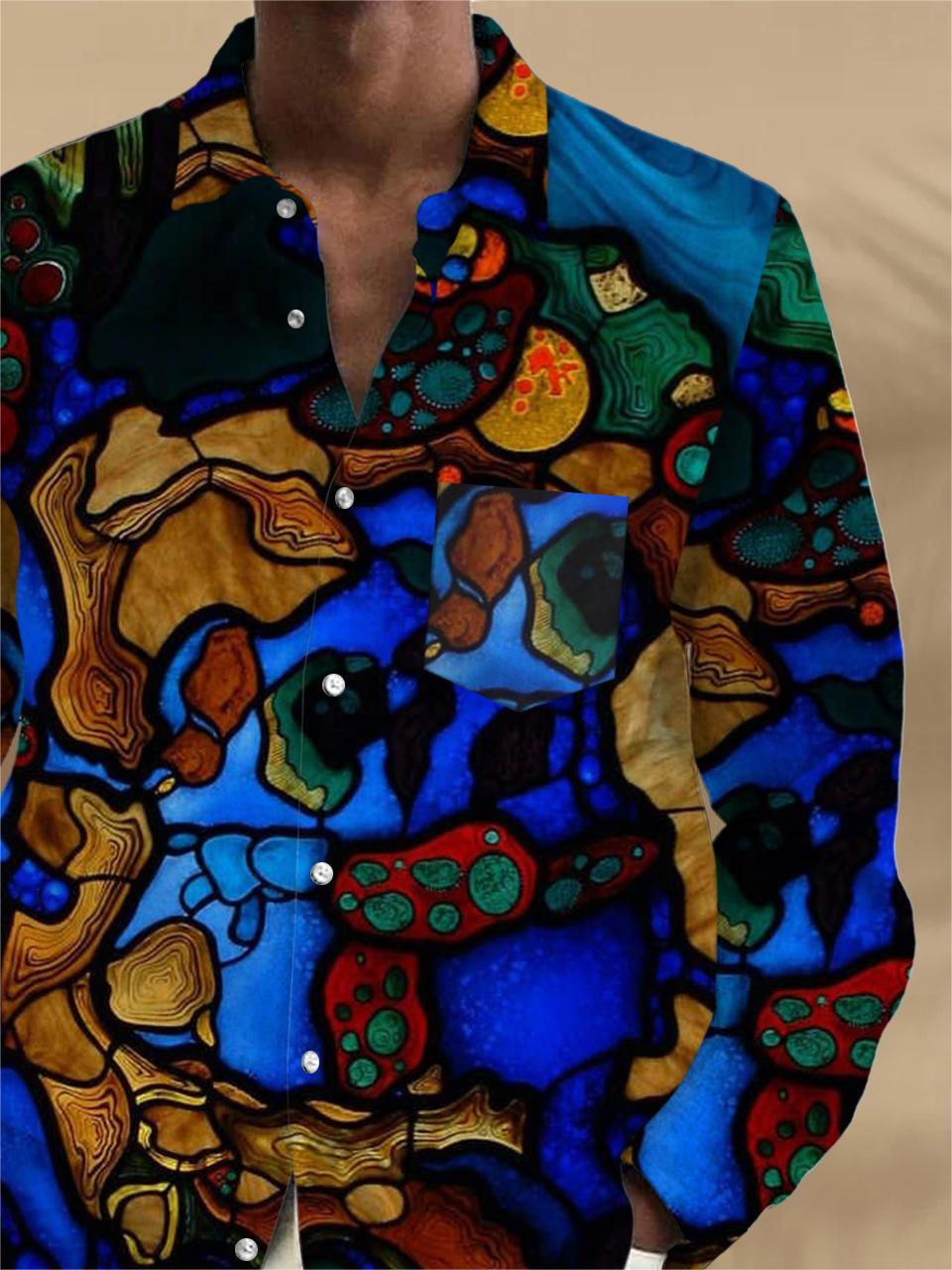 Men's Abstract Print Long Sleeve Shirt with Pocket Back View
