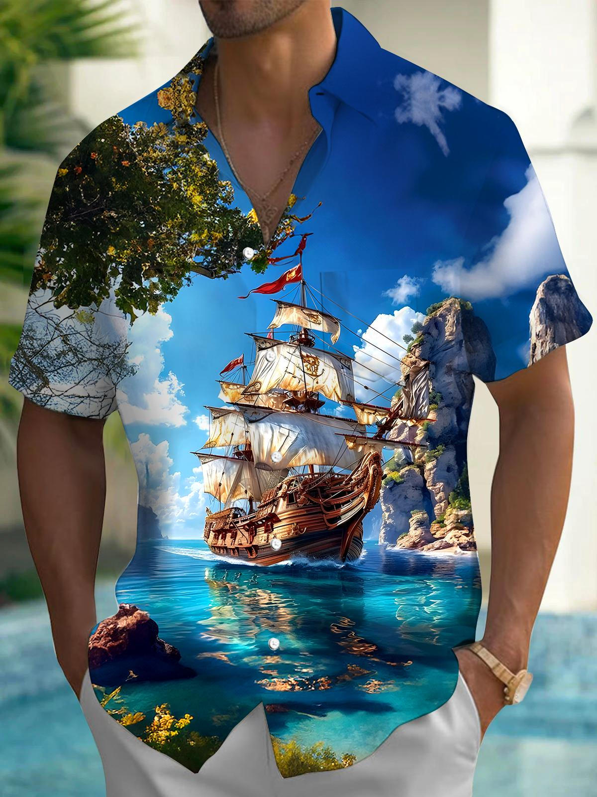 Adaychic Men's Graphic 3D Sailing Ship Ocean Scene Print Short Sleeve Button Down Shirt with Chest Pocket