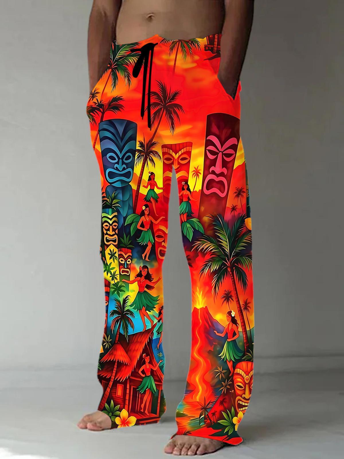 Adaychic Men's Tiki Mask Tropical Hawaiian Print Pants with Pockets
