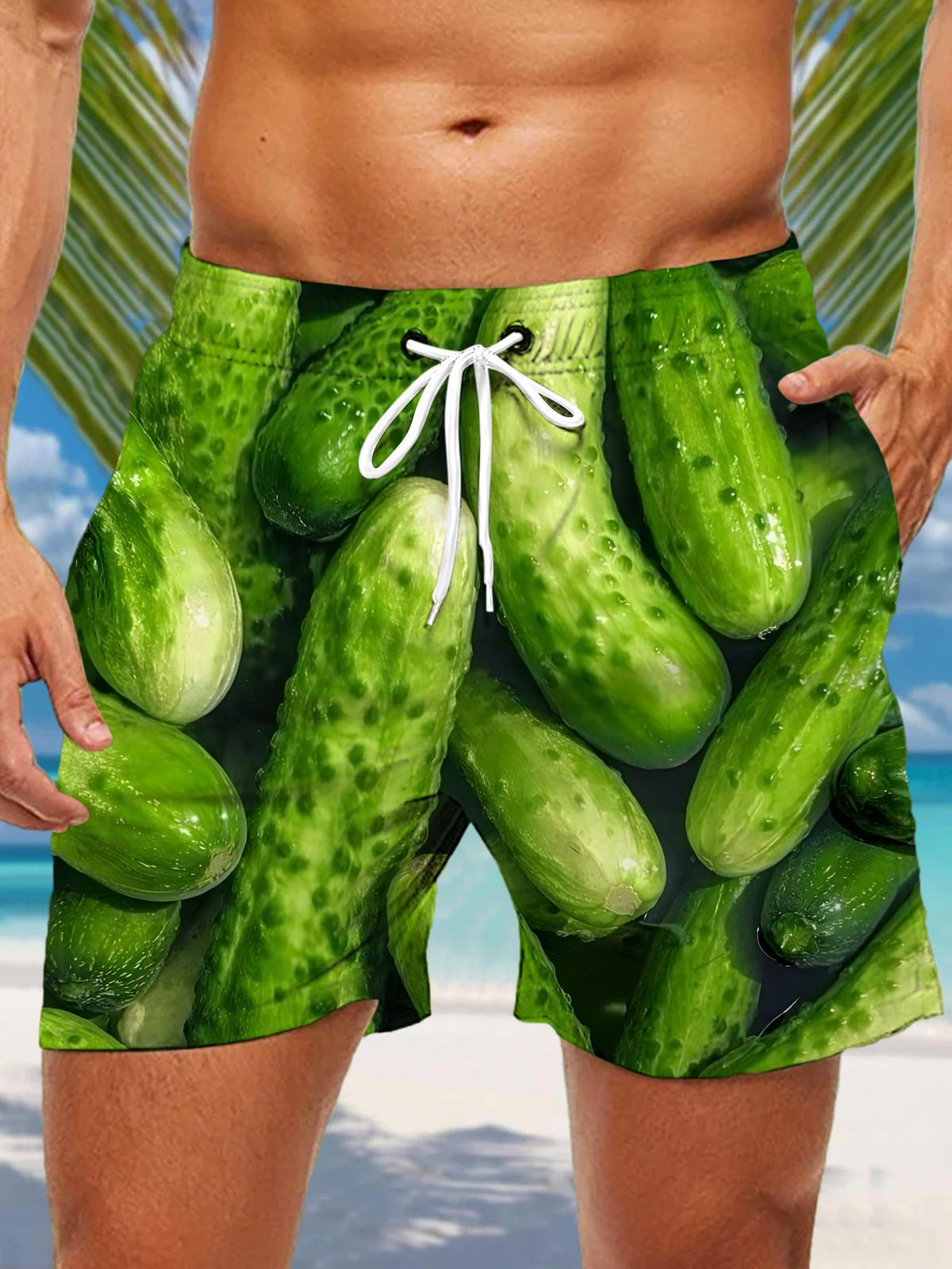 Adaychic Men's Cucumber Vegetable Print Shorts with Pockets